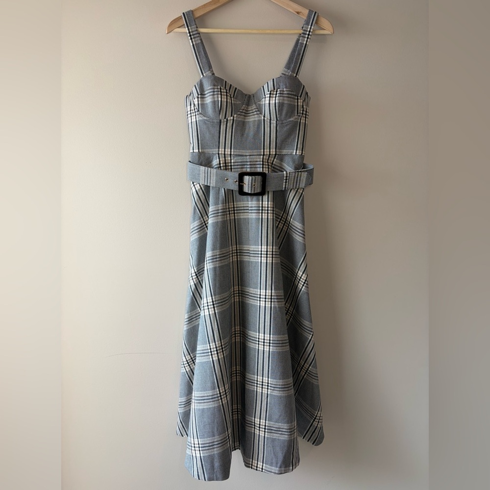 NEW Cara Cara Calypso Belt Midi Dress Raymond Plaid Gray Multi US 6 UK 10 - Picture 6 of 14